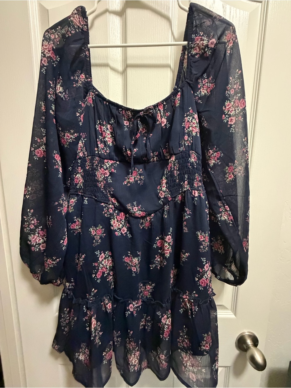 Traxxi Floral Mini Dress Large Navy Long Sleeve Corset Smocked Cottagecore